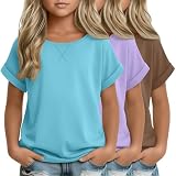 LessonZoo 3 Pack Girls Short Sleeve T Shirts 5-14 Years Teen Girl Shirts Kids Loose Fit Crew Neck Rolled Cuff Tees Tops(13-14 Years,Turquoise, Light Purple, Mocha Brown)