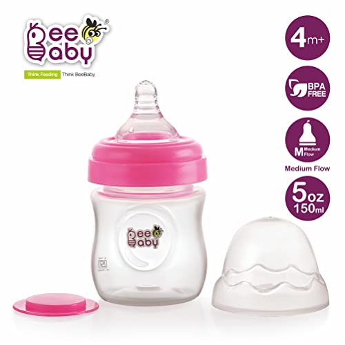 Image of BeeBaby Ease Wide Neck Feeding Bottle 150 ml | BPA Free Easy Latching Baby Milk Bottle for Newborns & Infants | Soft Silicone Anti-Colic Nipple Medium Flow (4 Months +) |Pink, Pack of 2
