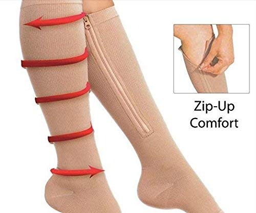 (2 pairs) Compression Socks Zipper Socks with Open Toe Best Support Zipper Stocking (Deep Beige, XXL)