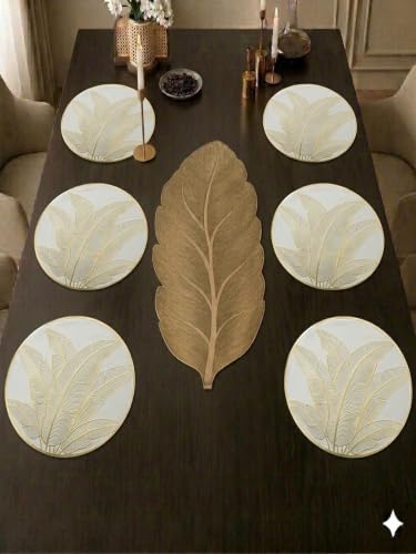 Image of Dakshya Industries PVC Waterproof Round Table Placemat & Table Runner Combo Set | 6 Round Table Mats (38 x 38 cm) + 1 Table Runner | Heat Resistant, Washable, Non Slip Dining Table Decor (Delvora)