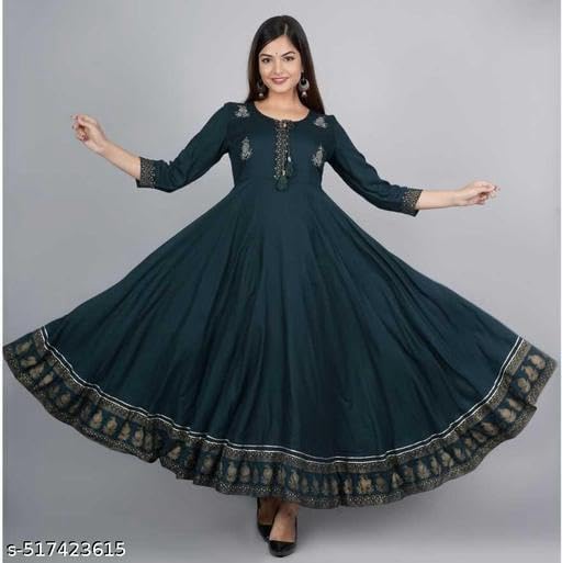 Image of Women's Printed Rayon Anarkali Kurti with 3 /4 Sleeves - Perfect for Festive, Party