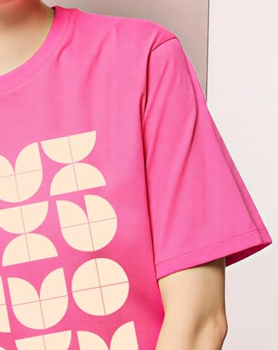 Image of Women's Typography Round Neck Cotton-Blend T-Shirts, Oversized Drop Shoulder Boho Style T-Shirt