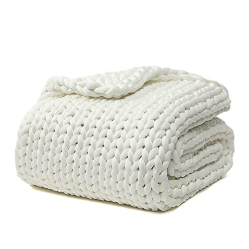 YnM Cooling Weighted Blanket, Handmade Chunky Yarn Knitted Design, Temperature Regulating and Breathable, Machine Washable Throw for Sleep or Home Decor (White, 50x60 Inch, 10lbs)