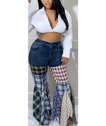 SOMTHRON Women's Plaid Patchwork Bell Bottom Jeans High Waist Flared Bodycon Ruffle Hem Denim Long Pants Trousers4