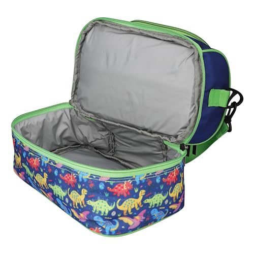 Image of Ji and Ja Multi Compartment Dual Slot Lunch Bag Double Insulated Tiffin Lunch Bag with Multi Zipper Pockets for School (Dinosaur Multi)