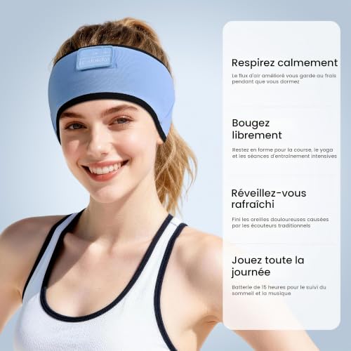 LC-dolida Bandeau Écouteurs Bluetooth V5.4, Ultra Doux en Coton de Bambou Casque Audio Bandeau sans Fil, Bandeau Audio Sommeil de 15 Heures de Lecture, Parfait pour Le Sport, Jogging, Yoga, Voyages – vue 8