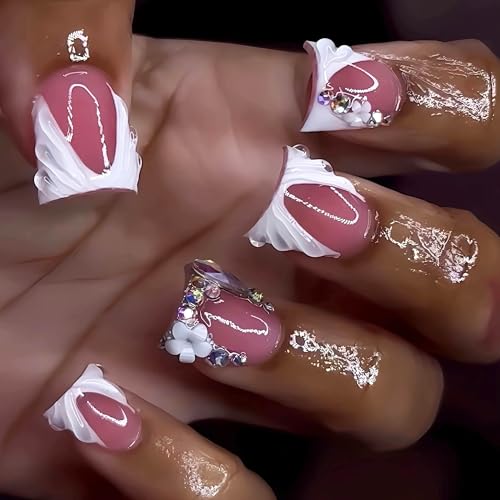 RUOKEXIN Medium Press on Nails White French Tip Fake Nails Duck False Nails with Rhinestones Designs Pink Full Cover Glue on Nails Sparkly Artificial Nails Cute Stick on Nails for Women 24Pcs