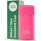 frank green Tasse de voyage isotherme pour boissons froides ou chaudes, tasse à café réutilisable avec couvercle à bouton-poussoir, doublure en céramique, triple paroi, 355 ml, rose fluo