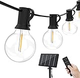 Solar Outdoor String Lights Remote Control, 50Ft Dimmable Globe String Light with 25 Shatterproof G40 Bulbs (1 Spare), LED Patio Lights, 4 Light Modes, IP45 Waterproof, E12 Sockets