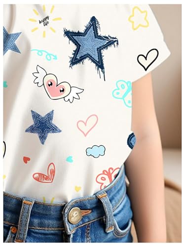 Girl's Star Heart Print Tee Shirt Graphic Crew Neck Short Sleeve Cute Summer Top4