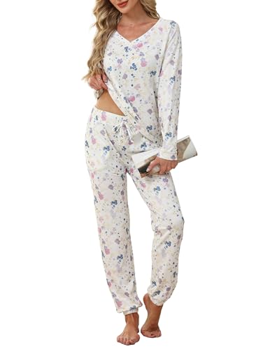 Image of Famulily Fall Winter Pjs for Women Sets 2 Piece Long Sleeve Homewear Floral Printed Loose Pants Pyjama Sets White XL