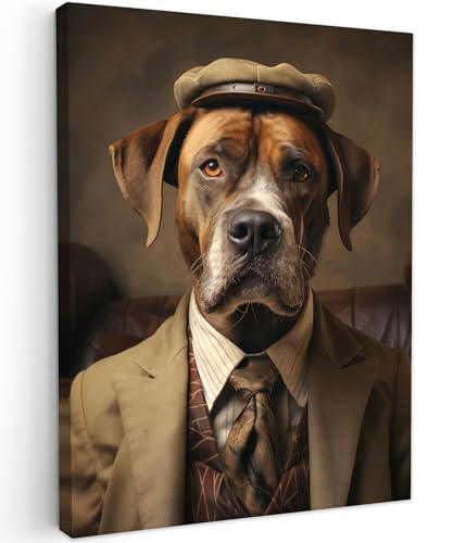 MuchoWow© Impression sur Toile Decoration Murale Peinture 60x80 cm Tableaux Decoratifs Muraux Décoration Chambre Vintage - Chien - Chapeau - Costume - Banque - Marron