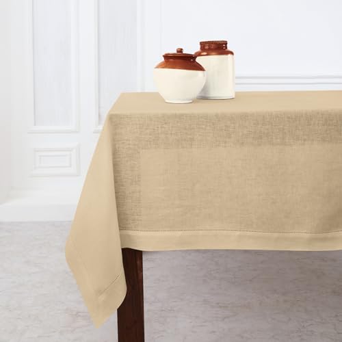 Solino Home 100% Pure Linen Tablecloth Beige, Classic Hemstitch 60 x 120 in