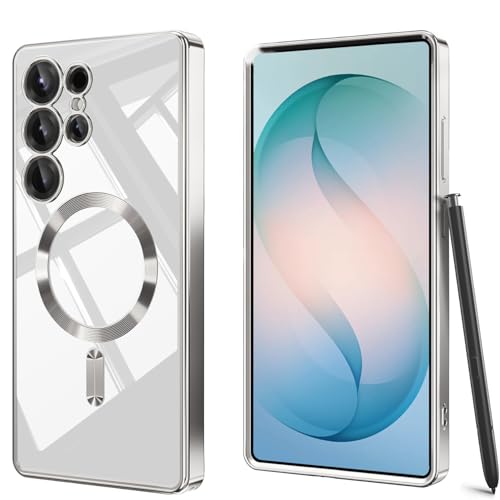 vphioxlr for Samsung Galaxy S26 Ultra Case Clear Magnetic with Full Camera Cover & Privacy Screen Protector, Luxurious Plating Bumper Women Girly Cute Phone Cases Cover for Galaxy S26 Ultra,Silver