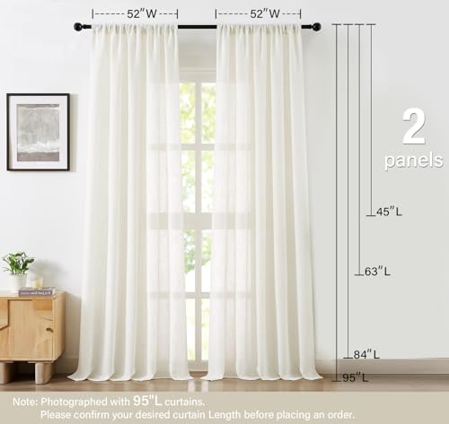 Image of Treatmentex Flax Blend Linen Semi Sheer Curtains 52 x 45 White Light Filtering Privacy Curtains for Small Windows Rod Pocket, 2 Panels