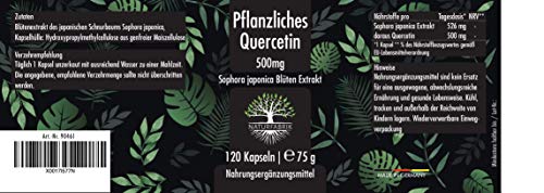 NATURFABRIK Quercetin 500mg | 120 Kapseln | 100% reines Sophora japonica Blüten Extrakt aus japanischem Schnurbaum | hochdosiert | 4 Monatsvorrat | Made in Germany