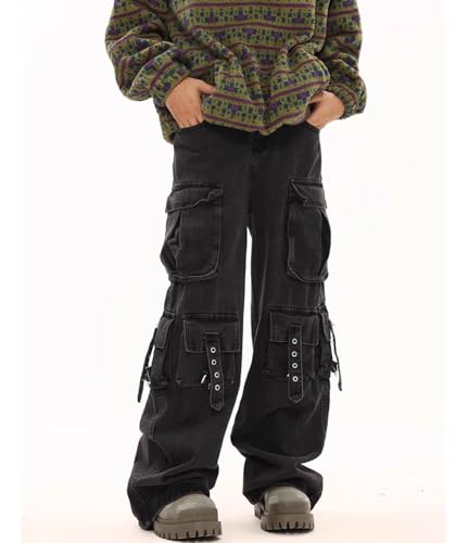 Cargo Jeans for Men Baggy Wide Leg Straight High Waist Y2k Multiple Pockets Trendy Hip Hop Denim Trousers4