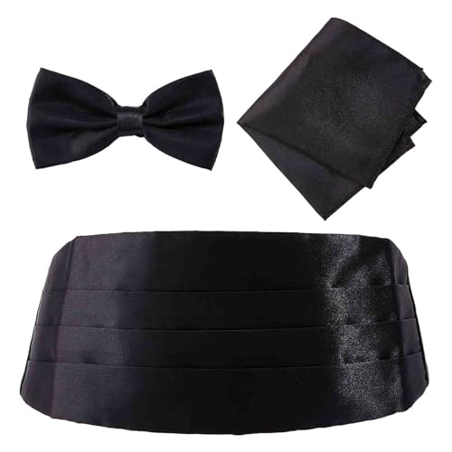 NICENEEDED - NICENEEDED Satin Cummerbund Pretied Set, Bow Tie Breast Pocket Handkerchief Set for Men, Classic Formal Tuxedo Bowties for Wedding Party