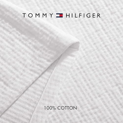 Image of Tommy Hilfiger - Queen Cotton Blanket, Woven Running Stitched Bedding, Medium Weight Soft Blanket, Anti-Pilling & Fade Resistant, Ideal for Layering, Oeko-TEX Certified (White)