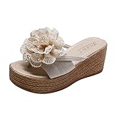 Cocila Sandales Pour Femmes Décontractées D'Été Wedge Claquettes Tissu Talons Dames Pantoufles Fleurs Printemps Pente Et Épais Été Bas Femme Confort Mule Orthopédiques Mules Compensées Chausson Beige