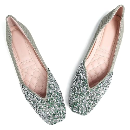 TN TANGNEST Women's Rhinestone Flats Comfortable Square Toe Slip on Flat Shoes4