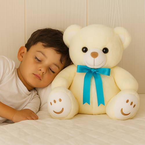 Image of ZEXSAZONE Teddy Bear Plush Toy - Soft Cream Stuffed Animal with Blue Ribbon | Cute Huggable Toy for Kids, Boys, Girls, Girlfriend & Wife | Valentine, Birthday, (32 cm)