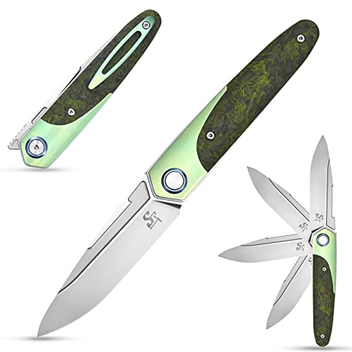 Sitivien ST992 Folding Pocket Knife,Handmade M390 Pearlescent Brushed Steel Blade,Titanium Carbon Fiber Handle EDC Tool Knife for Outdoor Camping,Hiking,Survival,Hunting(Green) … … …