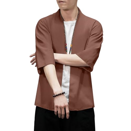 Image of PRIJOUHE Men's Kimono Jackets Cardigan Lightweight Casual Cotton Blends Linen Seven Sleeves Open Front Coat Outwear