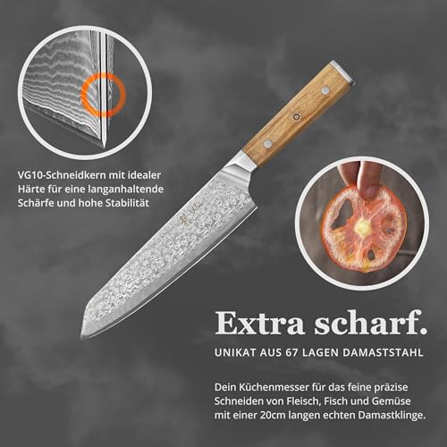 Wakoli Oribu Kiritsuke Messer 20 cm – Küchenmesser aus 67 Lagen - Damastmesser mit VG10 Kern, extra scharf, Olivenholzgriff, vielseitig für Fleisch, Fisch, Gemüse, Geschenkbox, Full Tang Messer scharf
