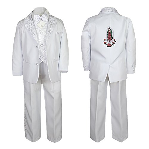 Image of Baby Boy Teen Baptism Formal White Paisley Suit Silver Guadalupe on Back SM-20