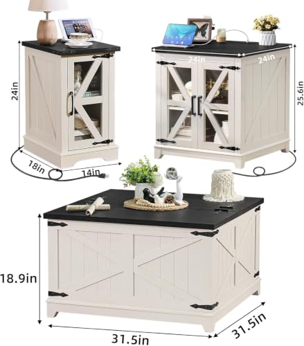 Joaxswe Farmhouse Coffee Table Set of 3 with Charging Nightstand - Image 3
