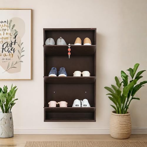 Image of 3 Door Wall Mounted Metal Shoe Rack Cabinet with Lock | Space Saving Shoe Storage Cabinet | Dustproof & Ventilated Shoe Organizer for Home, Entryway, Bedroom & Balcony | Brown | 39 x 21 x 6 Inch