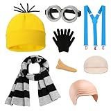 Molsfved 7 Pack Halloween Costume for Adults with Goggles, Gloves, Beanie, Strap, Black Gray Striped Scarf, Bald Cap, and Fake Nose for Men and Women Cosplay Party Set