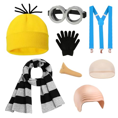 Molsfved 7 Pack Halloween Costume for Adults with Goggles, Gloves, Beanie, Strap, Black Gray Striped Scarf, Bald Cap, and Fake Nose for Men and Women Cosplay Party Set