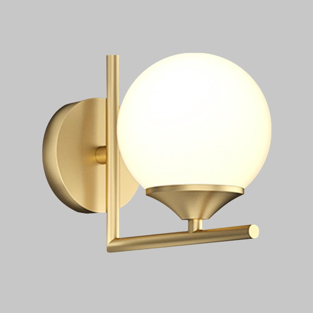 Applique da Parete per Bagno Interno, Lampada da Parete in Vetro Industriale Vintage in Ottone, Illuminazione da Parete cablata con Paralume in Vetro a Globo Bianco Latte per Comodino da Camera d