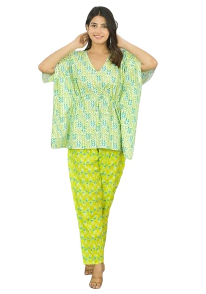 KAVERI KREATIONS Women's Cotton Printed Short Kaftan with Pants - Comfortable Free Size Kaftan Top & Bottom Set with Pocket (Green)-image-40