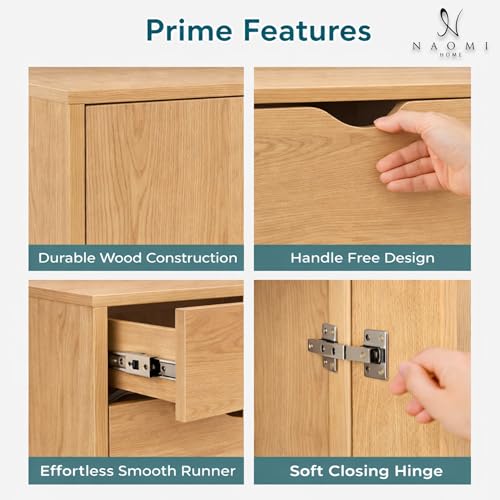 Image of Naomi Home Rolling Storage Cabinet with 5 Drawers & Side Cabinet, Engineered Wood Organizer with Shelves, Handle-Free Design & Swivel Casters for Home Office, Kids Room & Entryway - Natural