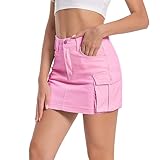 Women's Mini Cargo Denim Skirt, Low Rise Pink Cargo Skirt Button Bodycon Jean Skirt with Pockets for Women