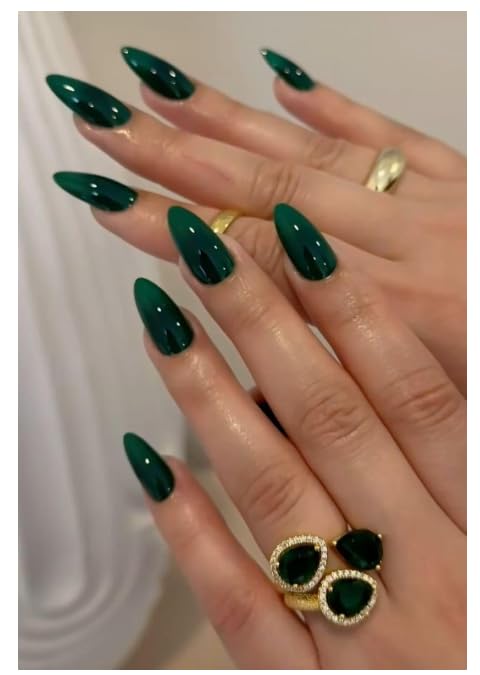 Emerald Green Press On Nails for Women & Girls | Medium Almond Shape | 12 Pcs Reusable Full Cover Artificial Nails | Glossy Salon Finish Stick On Nail Tips for Daily Wear, Party & Wedding-image-46