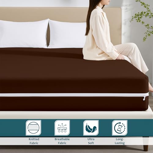 Image of Zipper Closure Style Mattress Protector Single Size 100% Waterproof Six-Sided Mattress Encasement for Bed 48x75 Inch Fit On 6 Inch 4X6.3 Feet Chocolate
