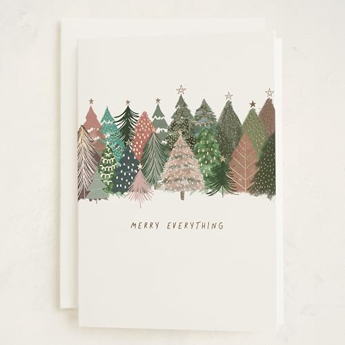 Minted Merry Everything Holiday Cards, 8 Cards with Envelopes, Folded 5x7 Christmas Card with Colorful Hand-Illustrated Christmas Trees, Gold Foil-Pressed, Luxurious Paper, Interior Message Included