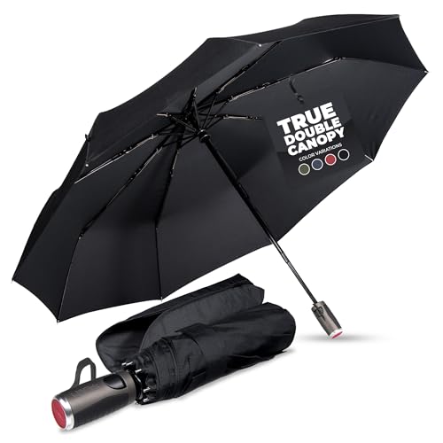 LifeTek Traveler 45 FX2 Windproof Travel Umbrella, Automatic Open Close, Compact for Rain and Sun, Fits in Purse or Backpack, Strong Lightweight Durable Frame, UV Protection, Small and Portable Black