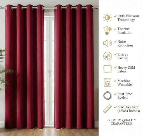 Image of VAS COLLECTIONS 100% Blackout Door Curtains, 7 Feet (121x215 cm) Set of 2, Plain, Thermal Insulated, Room Darkening Curtains for Living Room, Bedroom, (Maroon)