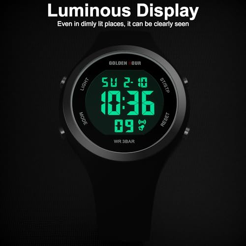 GOLDEN HOUR Reloj Digital Mujer, Resistente al Agua hasta 5 ATM, Deportivo, cronógrafo, Correa de Silicona, Reloj de Pulsera para Mujer con Fecha, Esfera Luminosa de fácil Lectura - Negro Plateado - imagen 4