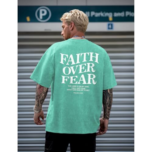 Image of Christian Faith Over Fear Shirt for Men Jesus Religious Shirts Oversized Graphic Tees Acid Wash God T-Shirt