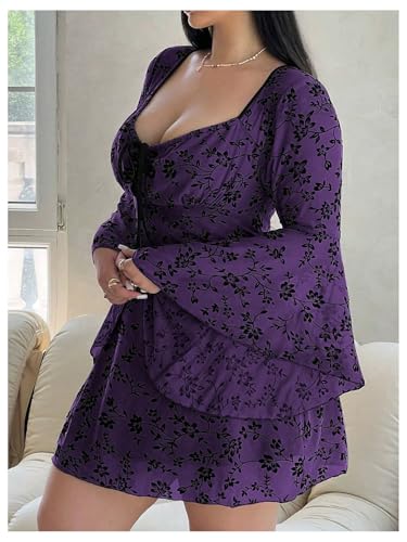 Image of Floerns Women's Plus Size Floral Gothic Dress Flare Long Sleeve Mesh Grunge A Line Dress