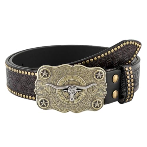 Unisex Western Leather Belt With Vintage Embossed Buckle & Floral Engraving For Jeans