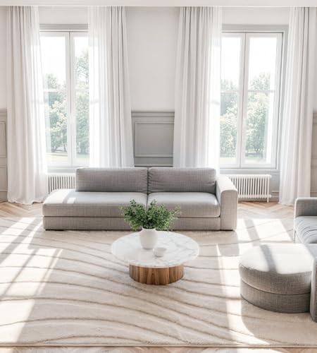 ROHATIM Wohnzimmer Teppich Beige 230x160 cm mit Relief-Struktur Wellen, Weicher Soft-Flanell, rutschfest, Waschbar & Faltbar, Großer Deko-Teppich für Lounge & Esszimmer