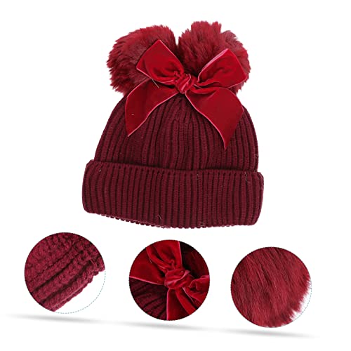 FRCOLOR 1Pc Delicate Bow Knitting Hat with Double Balls Cap for Boys and Soft Skin Friendly Material Adorable Design for Cold Days Dark Red4