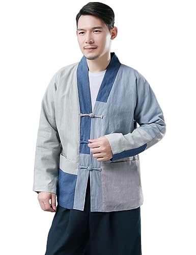 Mens Cotton Linen Patchwork Warm Fleece Lined Open Front Cardigan Frog Buttons Vintage Hippie Jacket